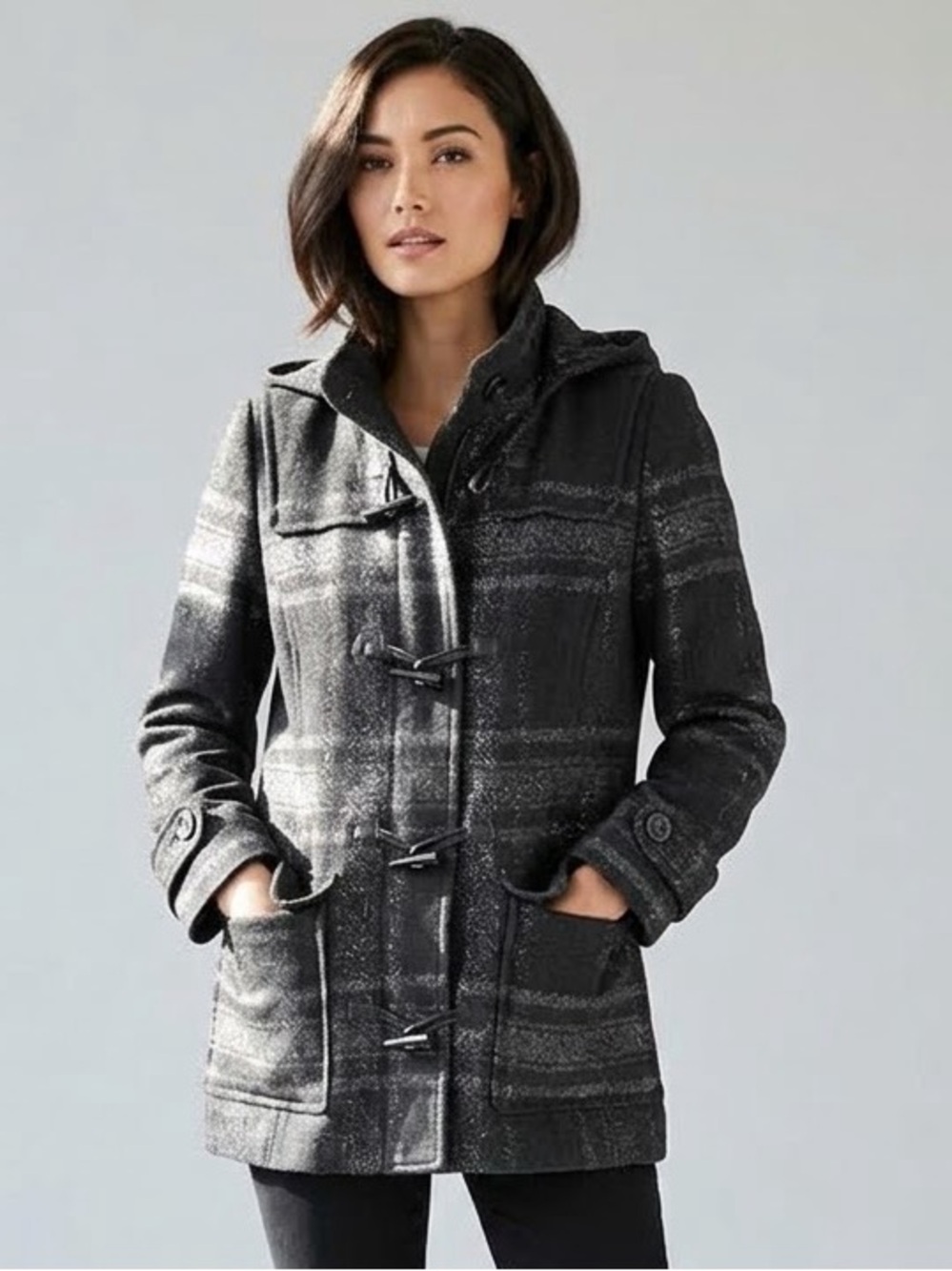 Jones New York Signature Plaid Toggle Pea Coat Heather Grey w Shimmer Accent SM